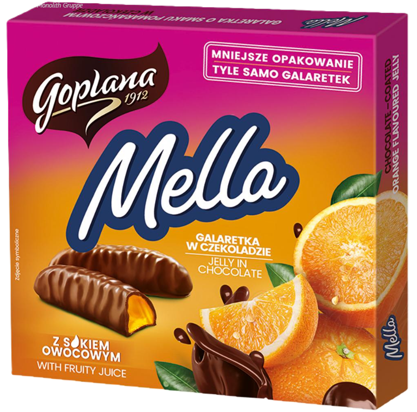 Goplana - Fruitmarmelade met sinaasappelsmaak, in chocolade 190g.