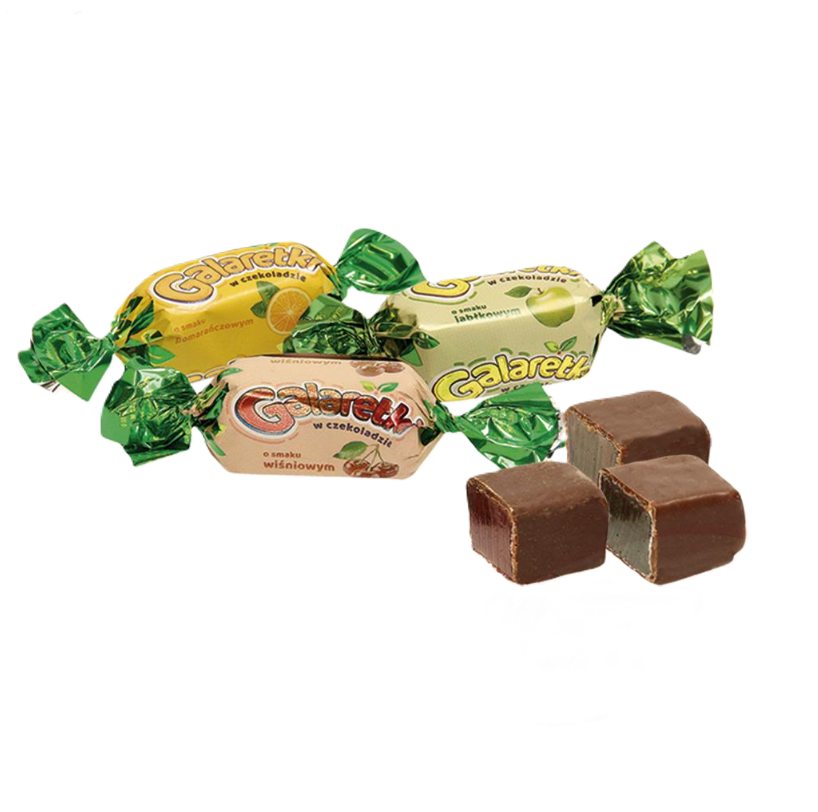 Sniezka - Geassorteerde geleisnoepjes in chocolade met smaken van appel, kers, citroen en sinaasappel 100g.