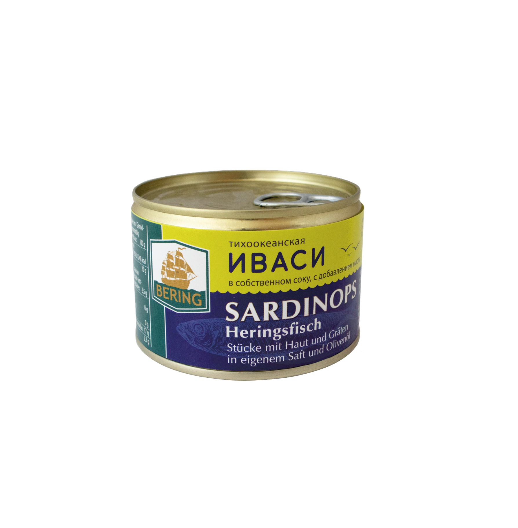 Bering - Sardinops (haringvis) – stukken met vel en graat in eigen sap en sojaolie.