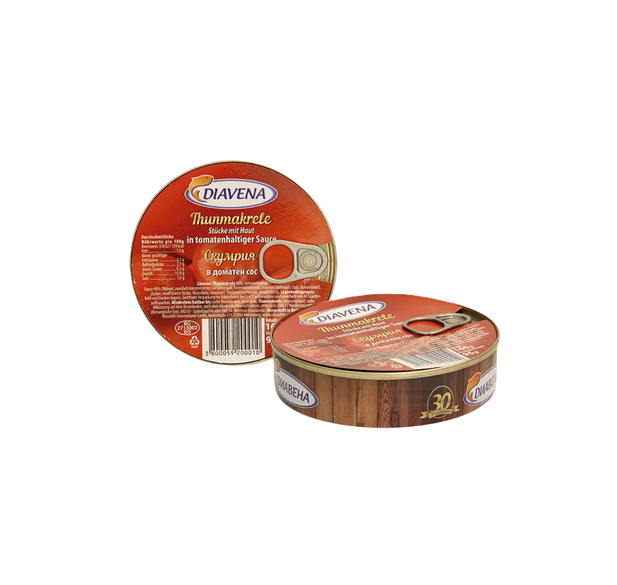 Diavena – Makreelstukken met huid in tomatensaus.